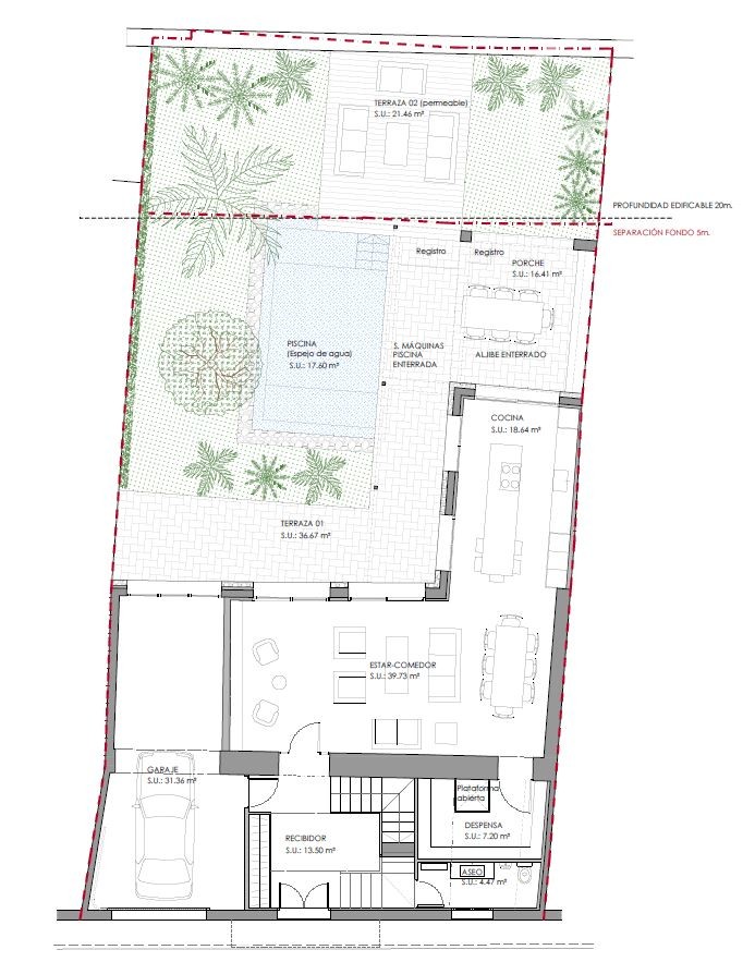 Imposing townhouse for free design, 544m², 3 floors, 13 rooms, garden terraces, cistern - Projekt EG