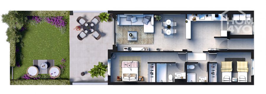 Modern new apartment in Porto Cristo, ground floor, 127m², 2 bedrooms, 2 bathrooms, garden, terrace, pool, air conditioning - Erdgeschoss