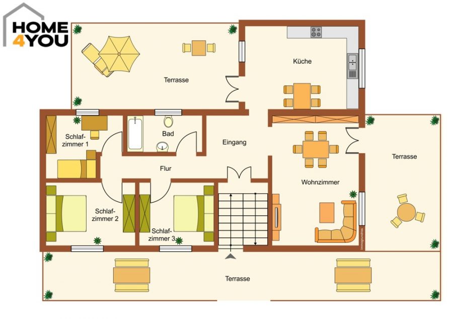 Moderne Erdgeschosswohnung in ruhiger Lage, Meerblick, 202qm, 3 SZ, 3 Terrassen, Einbauküche, Kamin - Grundriss