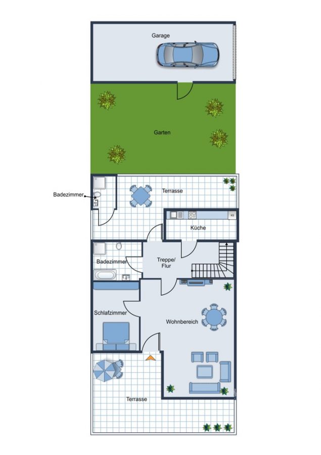 Villa with dream location in 1st sea line, 196sqm, 4 bedrooms, 3 bathrooms, terraces, cistern, garden, garage, fireplace - Grundriss Erdgeschoss