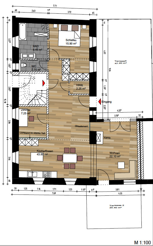 Loft apartment in luxuriously restored manor house, 134 sqm, 2 bedrooms, bathroom, garden & terraces, cellar, garage - Grundriss